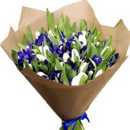 Bouquet of tulips and irises in paper