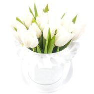 A small box with white tulips