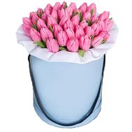 Pink tulips in a hat box