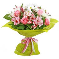 Букет із троянд, альстромерій і хризантем