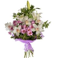 Букет з орхідеями, лілією і хризантемами