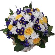 Bouquet of roses, irises and chrysanthemums