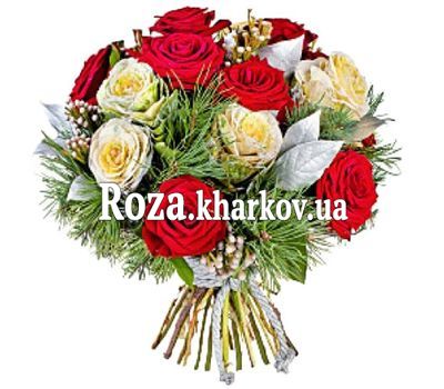 New Year bouquet of roses with a pine