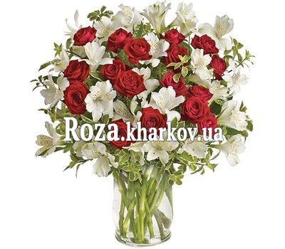 Bouquet of red roses and white alstromeria Bouquet of red roses and white alstromeria