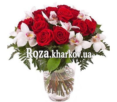 Bouquet of red roses and white orchids