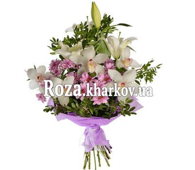 Bouquet with orchids, lilies and chrysanthemums