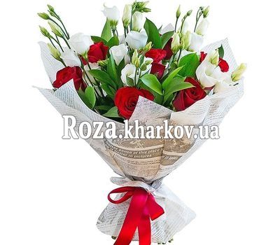 Red roses and white eustomas in paper